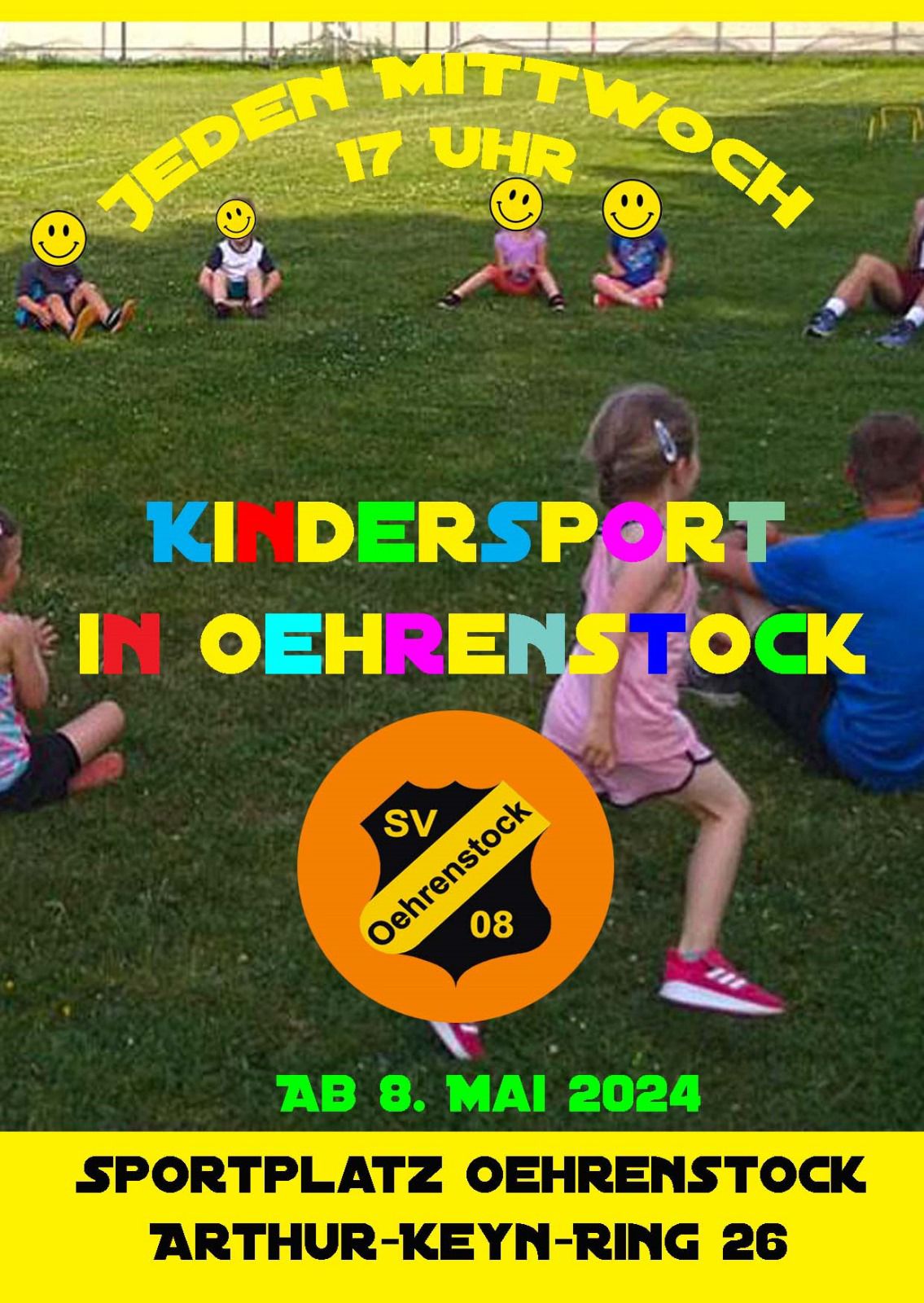Ausschreibung Kindersport in Oehrenstock. Jeden Mittwoch um 17 Uhr ab dem 8. Mai 2024 auf dem Sportplatz Oehrenstock (Arthur-Keyn-Ring 26, 98704 Ilmenau).